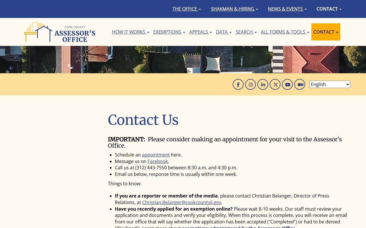 Cook County Assessor contact page for property records help