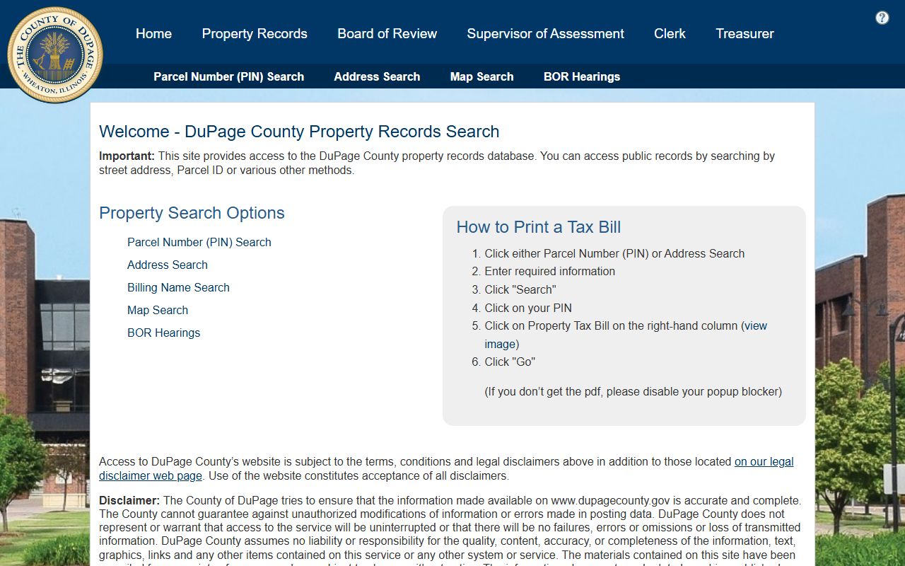 DuPage County Property Lookup portal for searching DuPage County property records