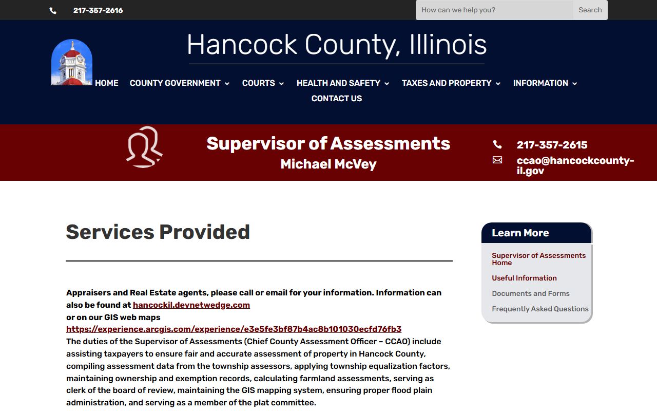 Hancock County assessment office website for property records
