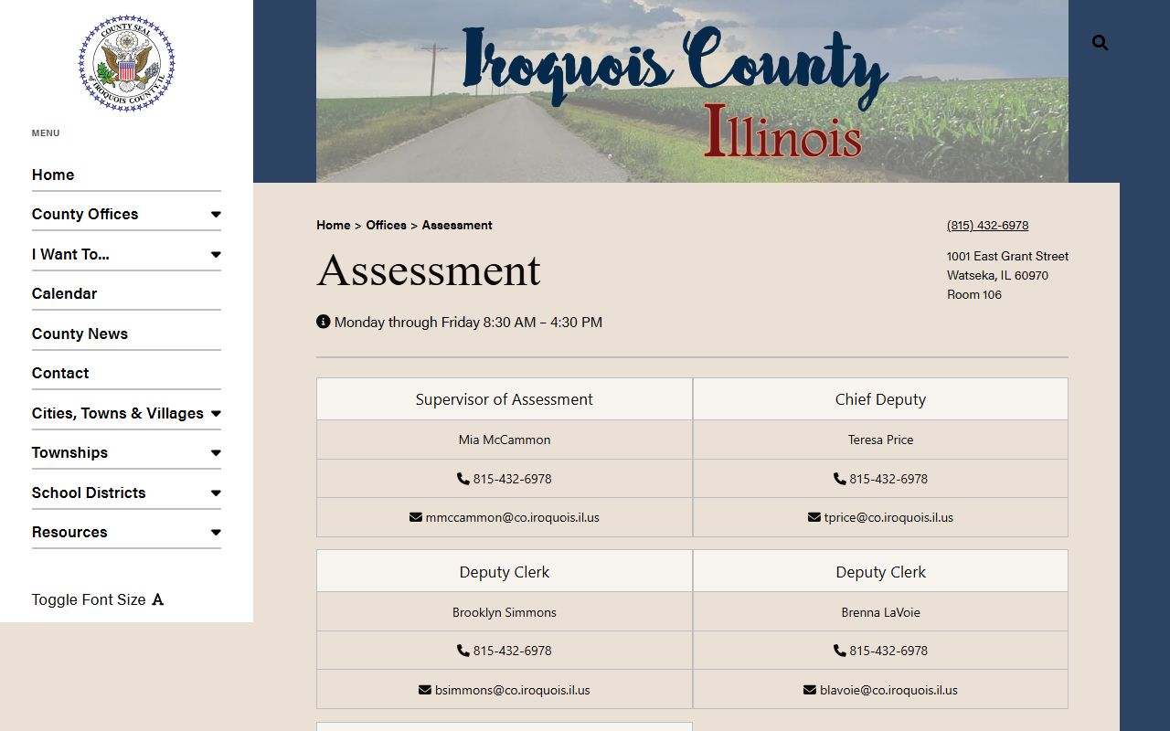 Iroquois County assessment office website for Iroquois County property records