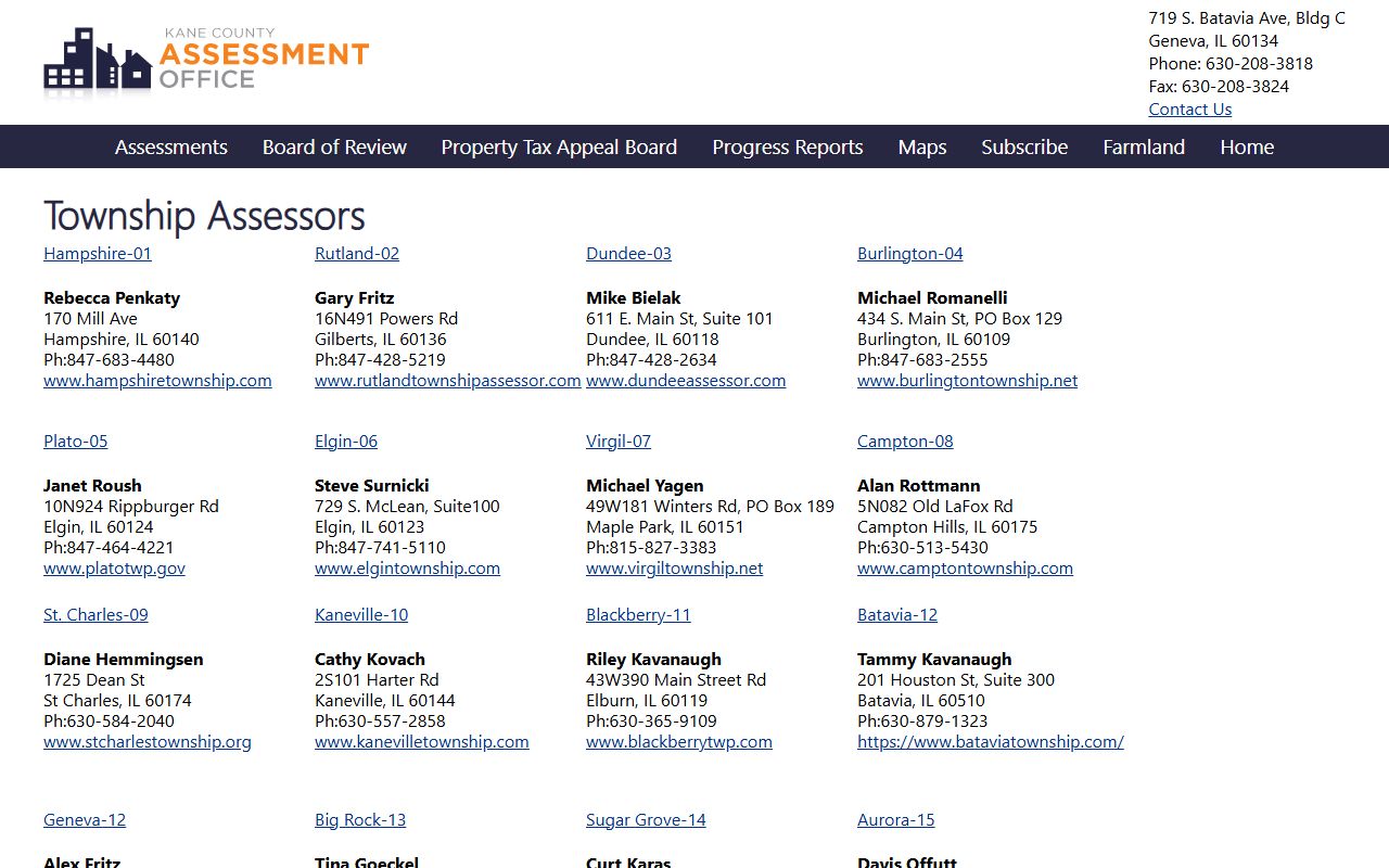 Kane County township assessors contact page for property records