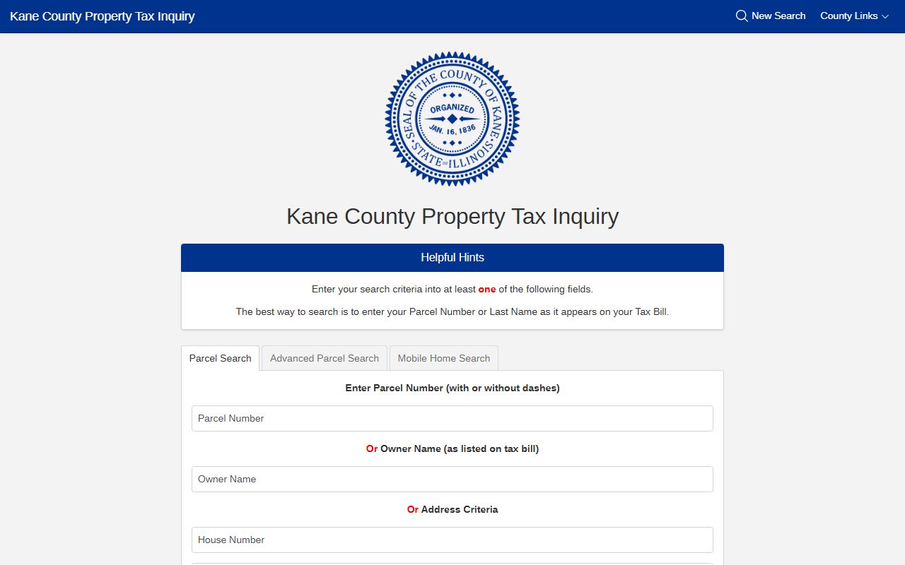Kane County property search tool for looking up property records